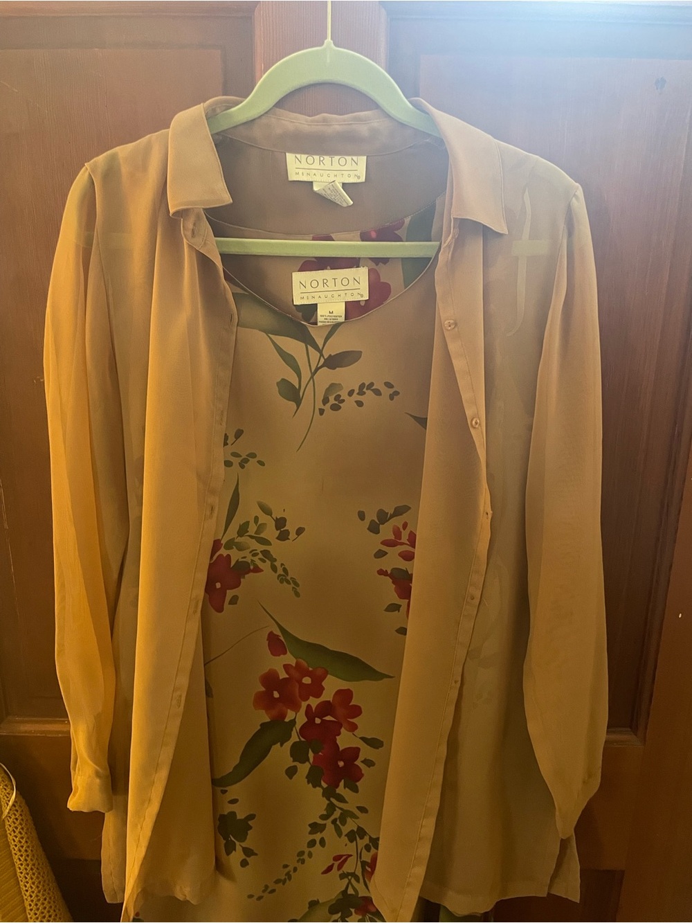 Norton McNaughton sheer button up blouse with floral printed maxi dress